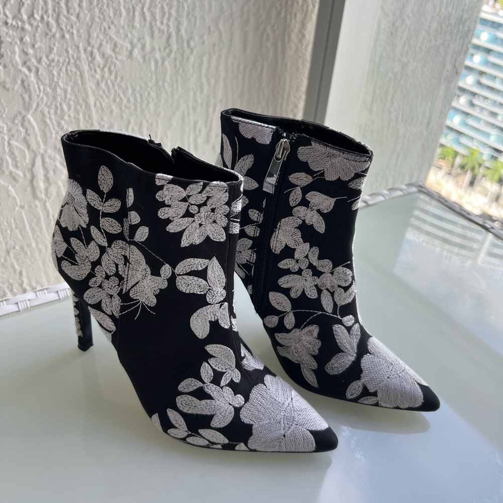 Zara Black and White Floral Heeled Boots